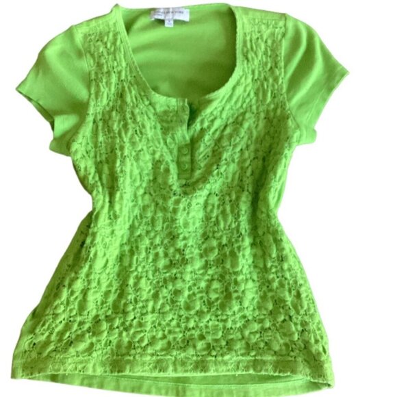 Jones New York Lace Front Button Short Sleeve Henley Top S Green #79B - Picture 5 of 7